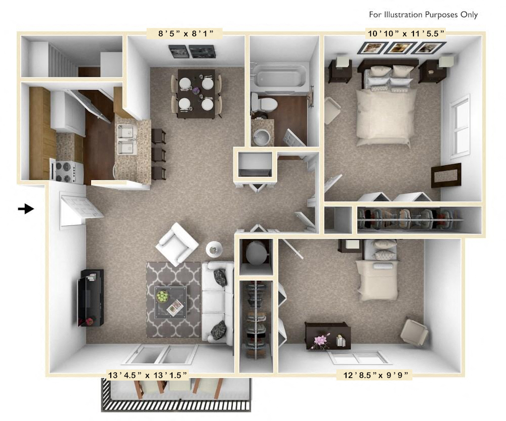 The Birch - 2 BR 1 BA Floor Plan at The Timbers Apartments, Evansville, 47715